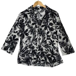 Harve Benard Womens L Linen Blend Floral Button Front Blouse Black White Top